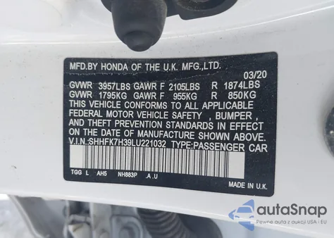 2020 Honda Civic Lx z USA, uszkodzony, nr VIN SHHFK7H39LU221032